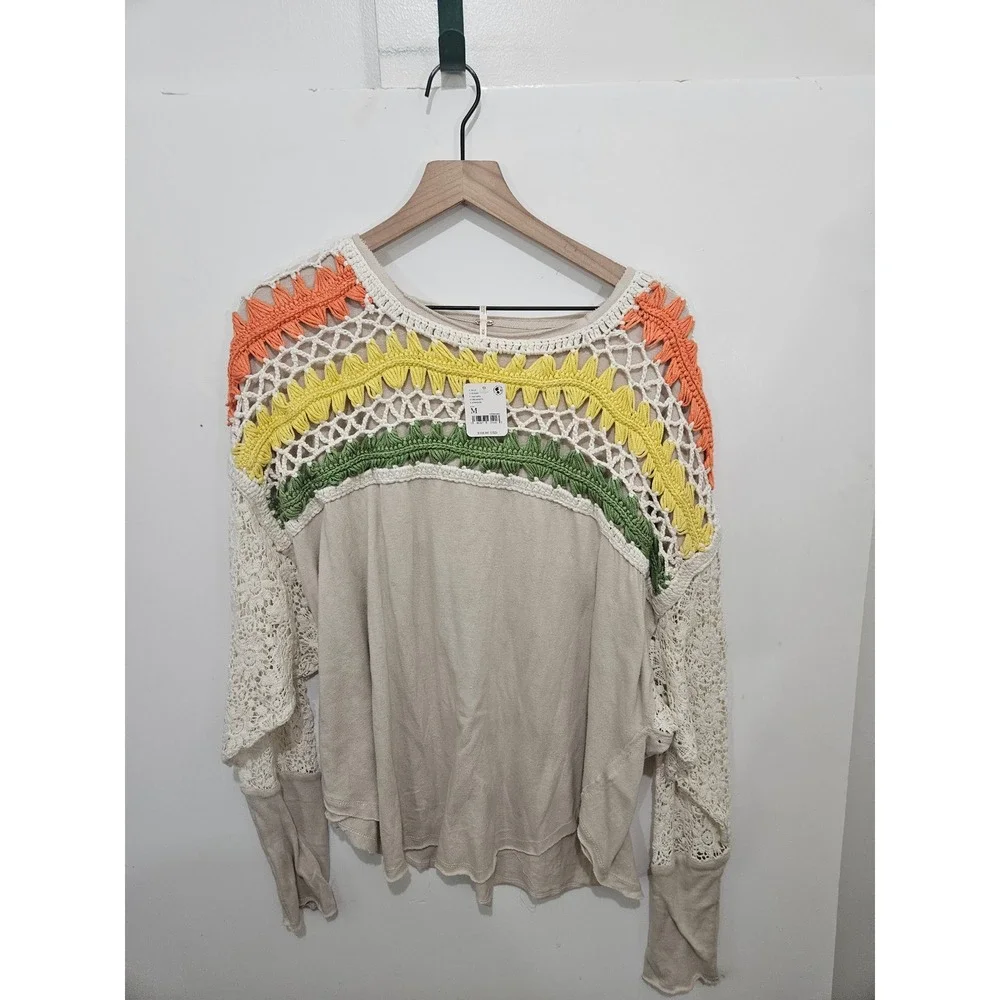 Free People Sand Sable Crochet Lace Long Sleeve Top OB1406074 Beige Multi M